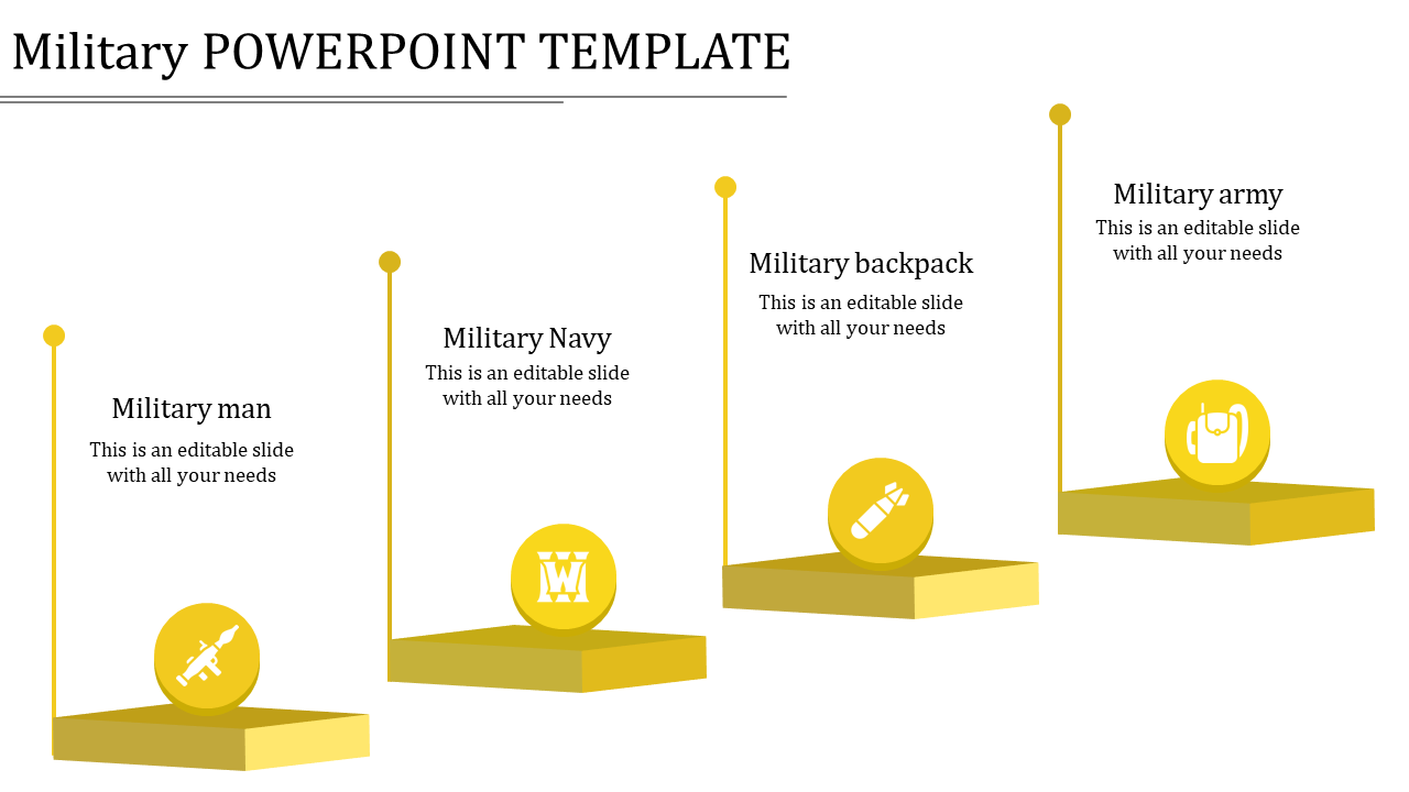 Military design with yellow podiums and circular icons for military man, navy, backpack, and army, arranged diagonally.