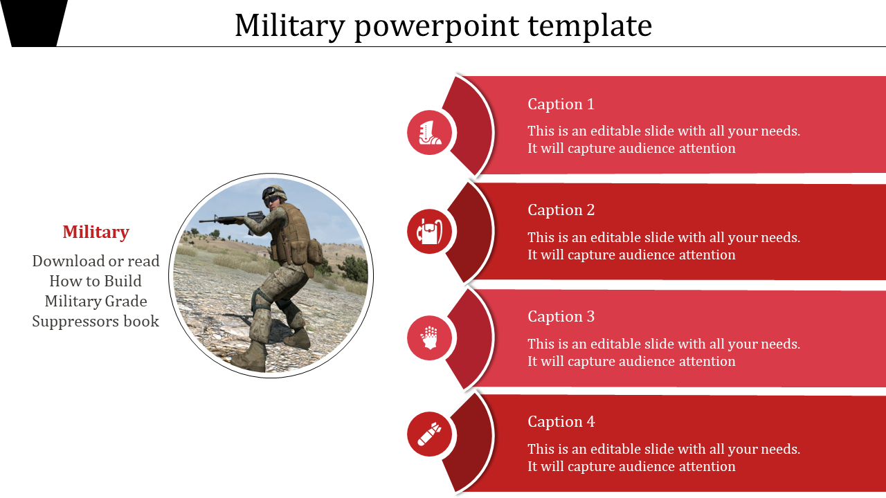 Military themed slide with a soldier image on the left and four red sections with icons and captions on the right.
