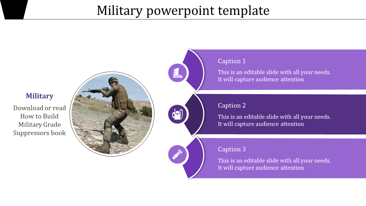 A military themed PowerPoint template featuring a soldier with a rifle and three purple sections with captions and icons.
