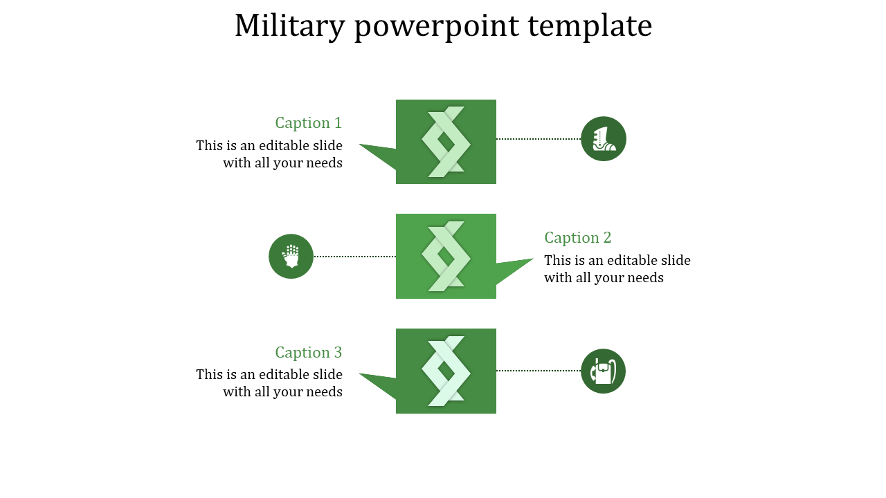 A military themed PPT featuring three sections with green icons, including a hand, boot, and equipment, with captions.
