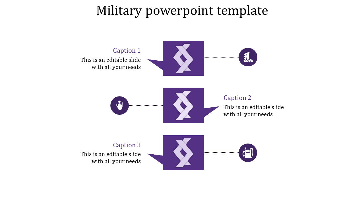 A military themed PPT featuring three sections with purple icons, including a hand, boot, and equipment, with captions.