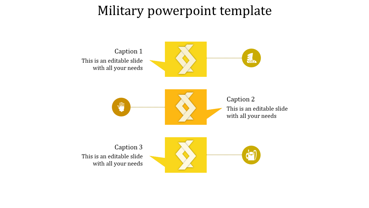 Vertical process diagram template with yellow elements connected to military symbols for a stepwise layout.