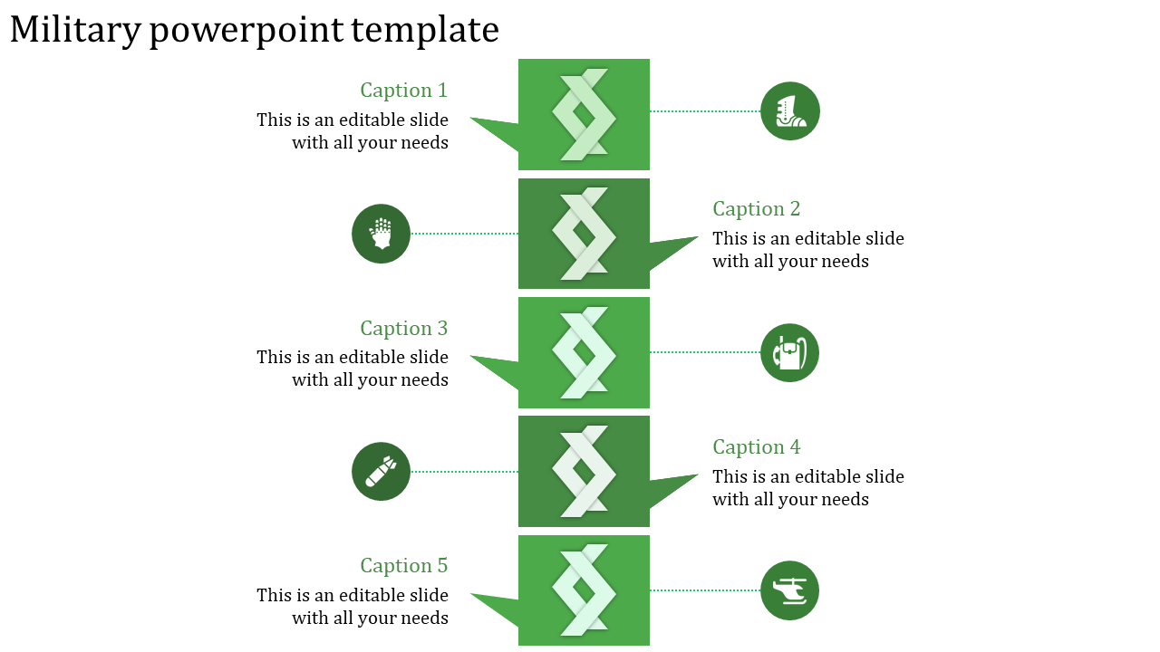 Five tiered design with green boxes and corresponding captions for military themed presentations.