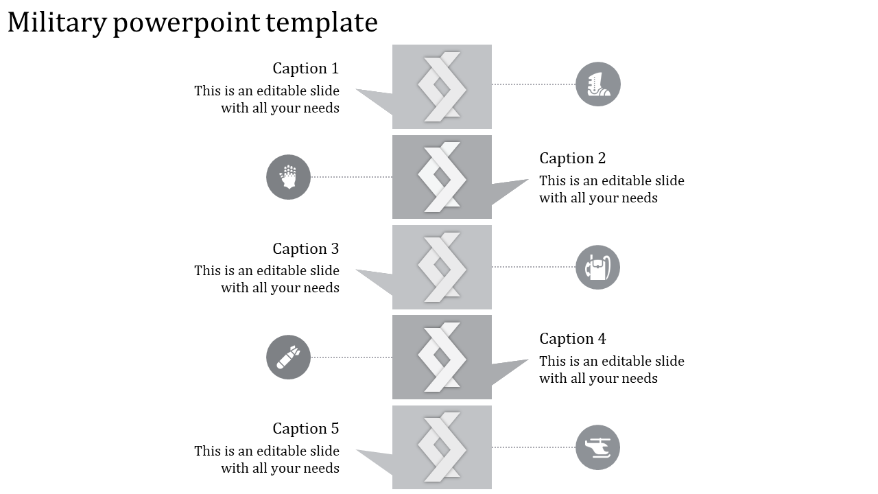 A PPT slide with five captions for a military presentation, each with an associated gray icon and placeholder text.