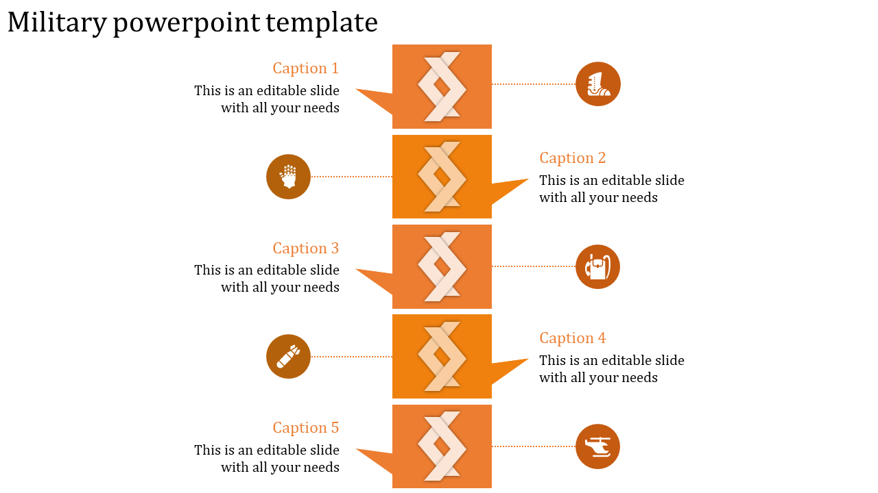 Military template with five stacked orange icons and labels aligned on both sides of the central column.