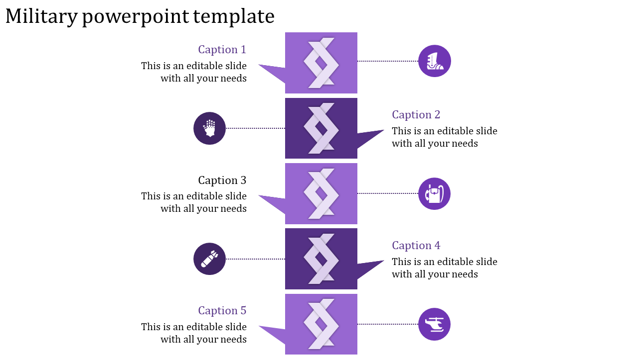 A PPT slide with five captions for a military presentation, each with an associated purple icon and placeholder text.