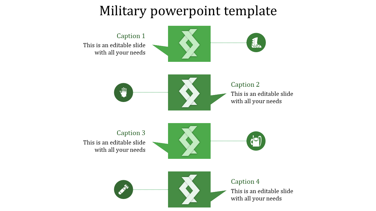 A military themed PPT slide with four sections, each with a green icon representing topics with captions and text area.