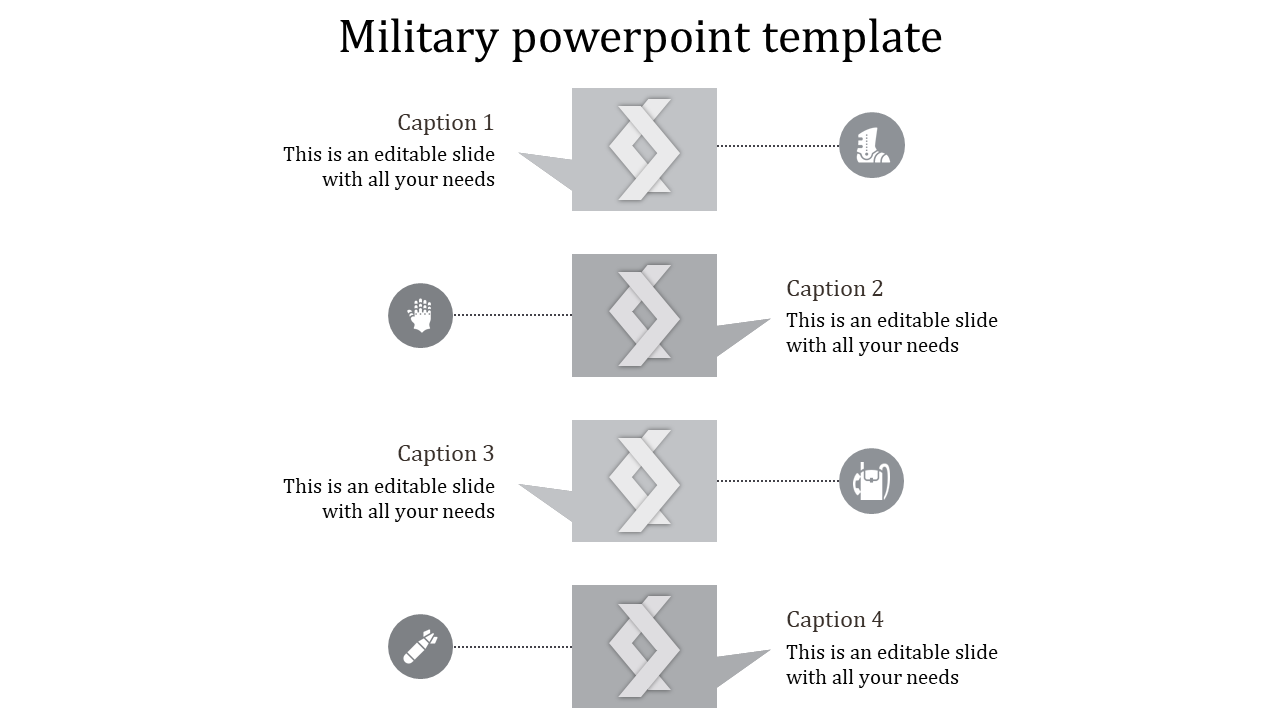 Gray military template with four zigzag panels and circular icons for captions areas placed in white background.