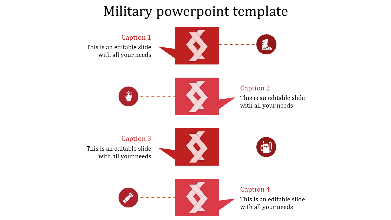 A military themed PPT slide with four sections, each with a red icon representing topics with captions and text area.
