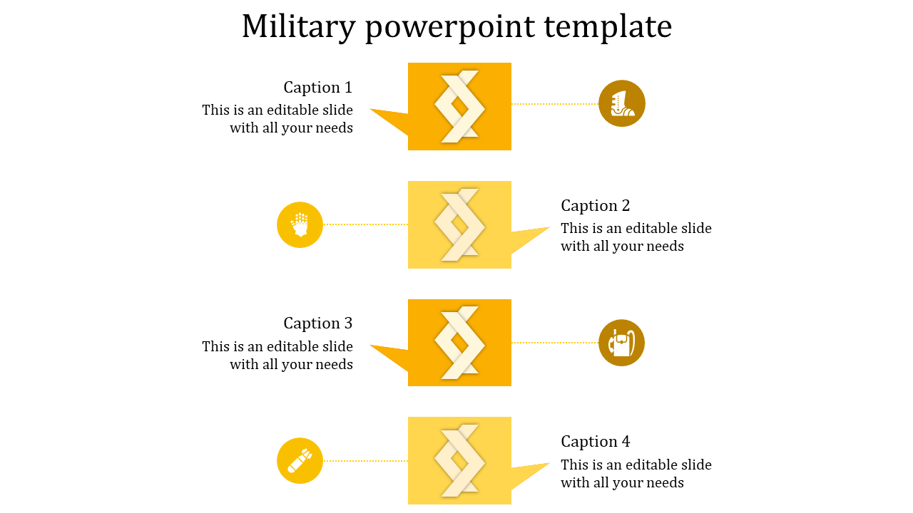 Yellow military template with four zigzag panels linked to circular icons and captions areas placed with caption areas.