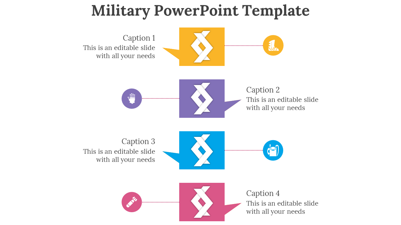 Slide with four military themed icons and captions arranged vertically in yellow, purple, blue, and pink with arrow accents.