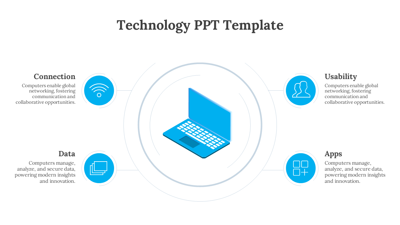 Technology themed slide with a blue laptop graphic at the center encircled by four category icons in a clean design.