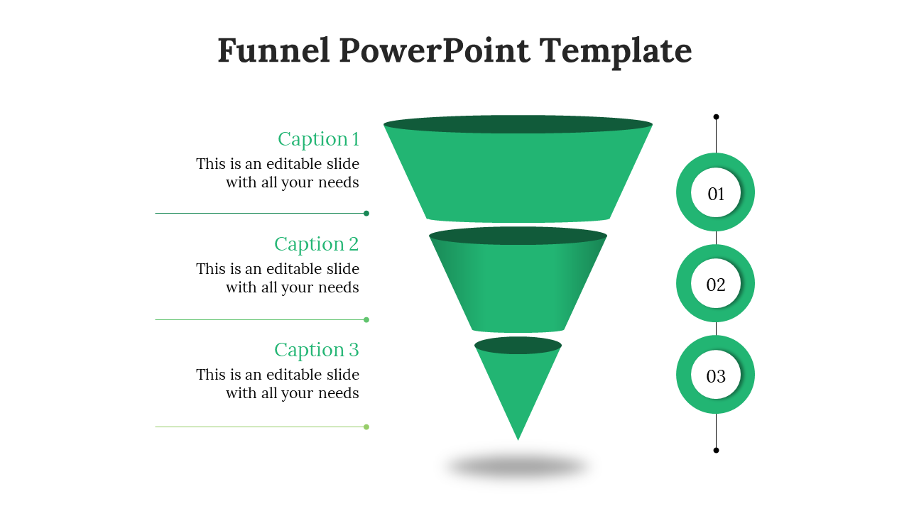 Green funnel diagram with three layers and captions, showcasing a process oriented PowerPoint presentation template.