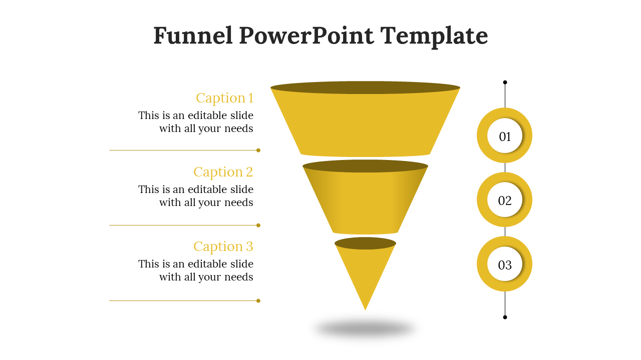 Stepwise yellow funnel infographic featuring three levels, numbered markers, and caption areas in white backdrop.