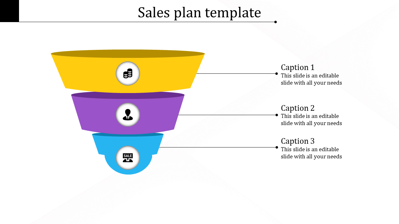Color-coded funnel diagram with yellow, purple, and blue segments, showing icons for finances, user profile, and sales.