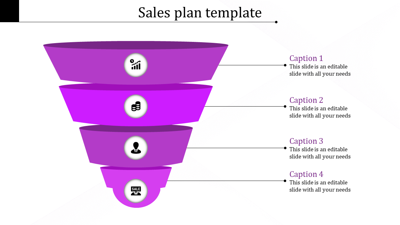 Sales funnel diagram with four purple layers, each containing an icon representing analytics, finance, personnel, and sales.
