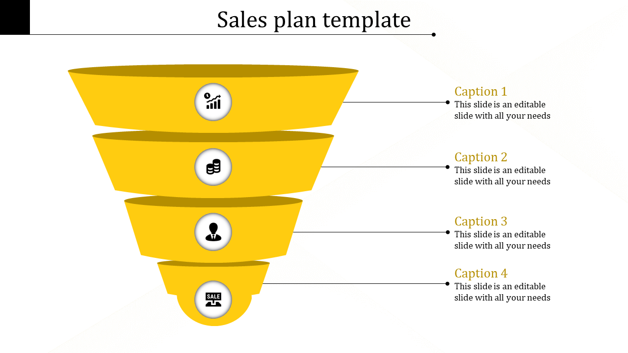 Four tier yellow funnel infographic with icons and descriptive captions aligned to the right on a light background.