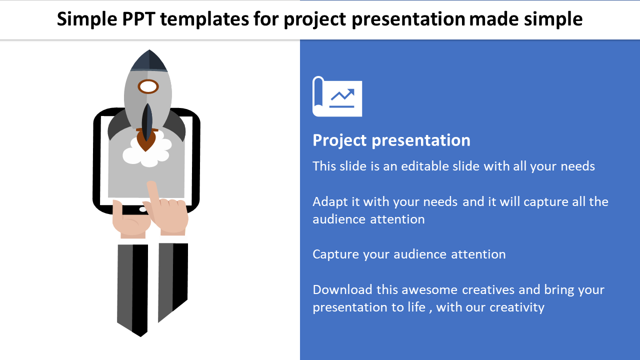 Simple PowerPoint template for project presentation with a rocket launching from a tablet screen.