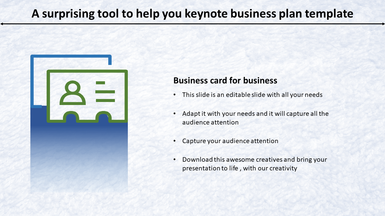 Business plan slide with a green business card icon, blue shadow graphic, and placeholder text on the right.