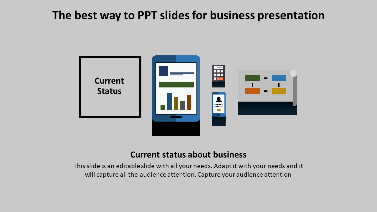 Business presentation template showing current status with devices and charts with placeholder text.