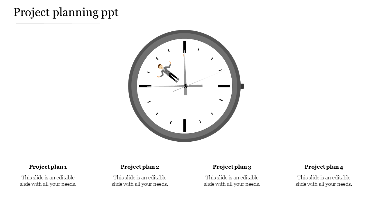 Gray clock with a small figure inside, and four project plans listed at the bottom with corresponding captions.