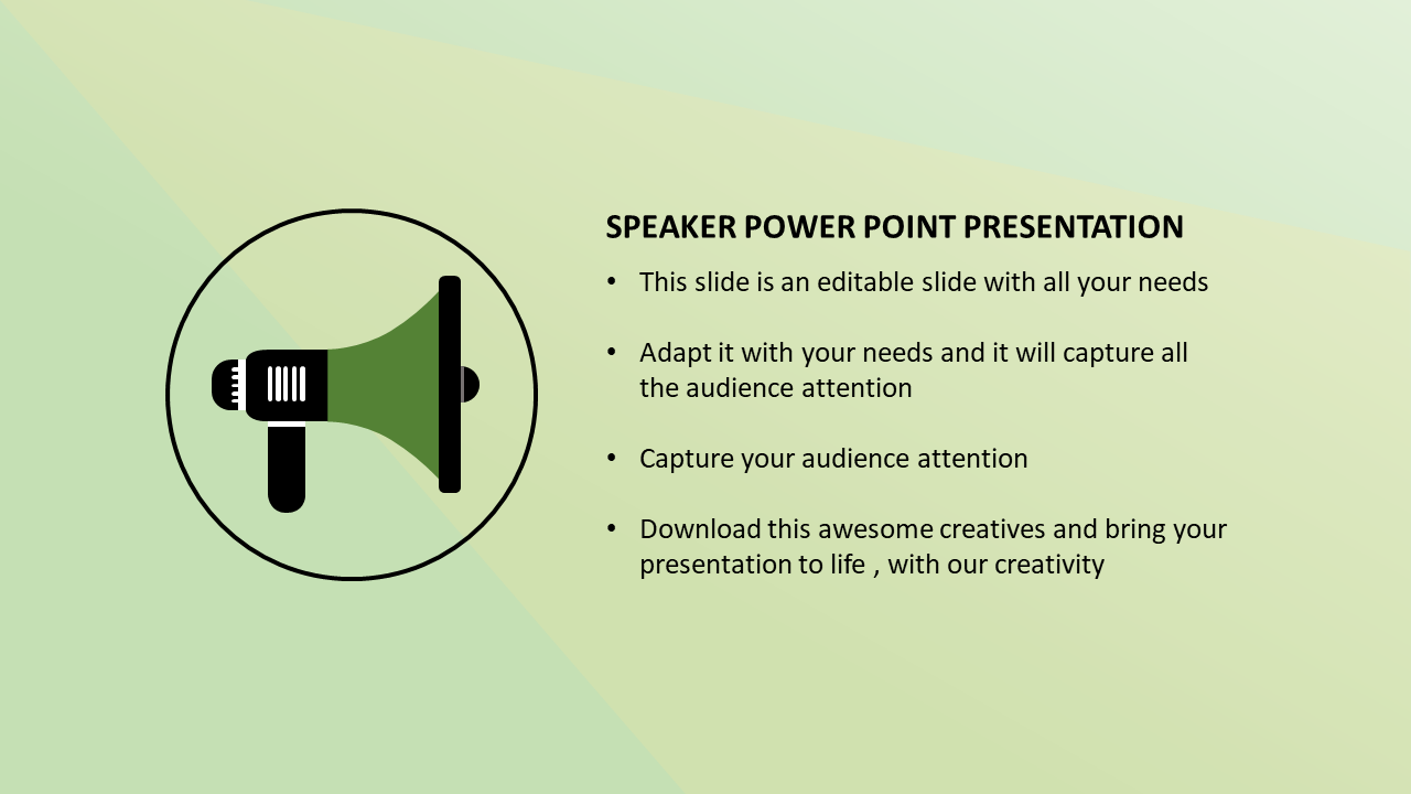PowerPoint template featuring a speaker icon with text for a presentation.