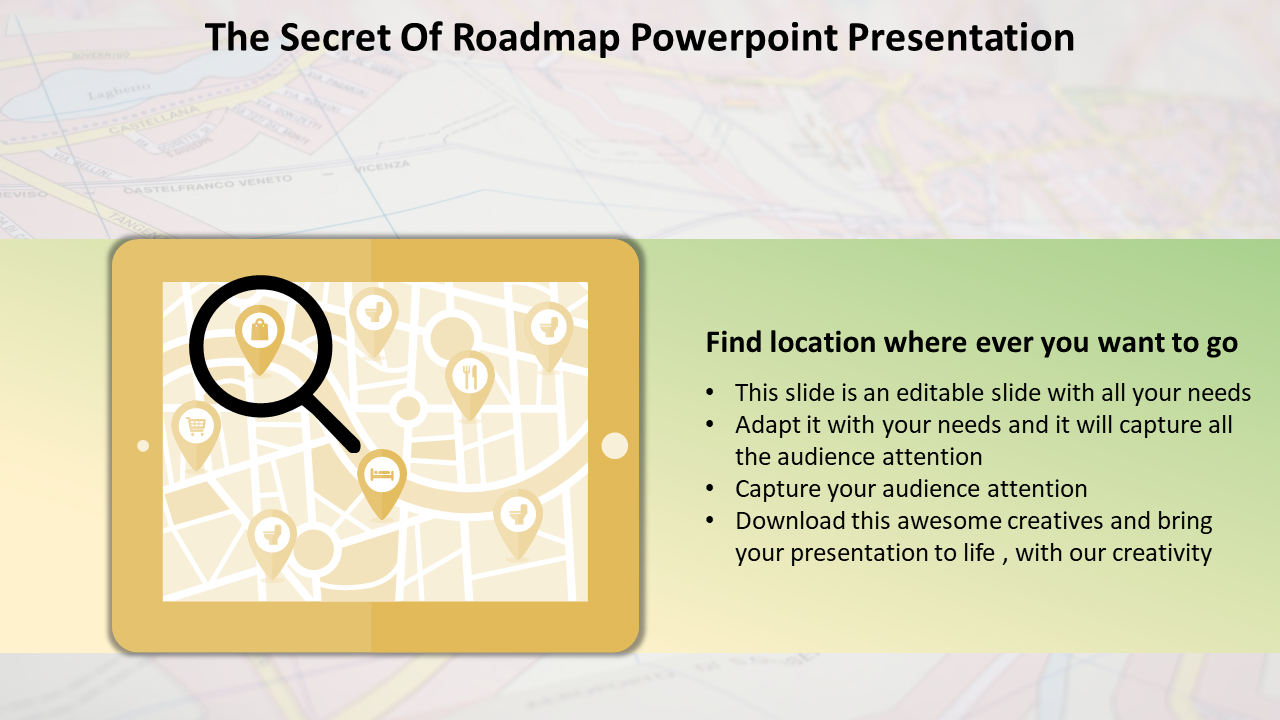 Roadmap PowerPoint template featuring a tablet with a map and location pins showing various points of interest.