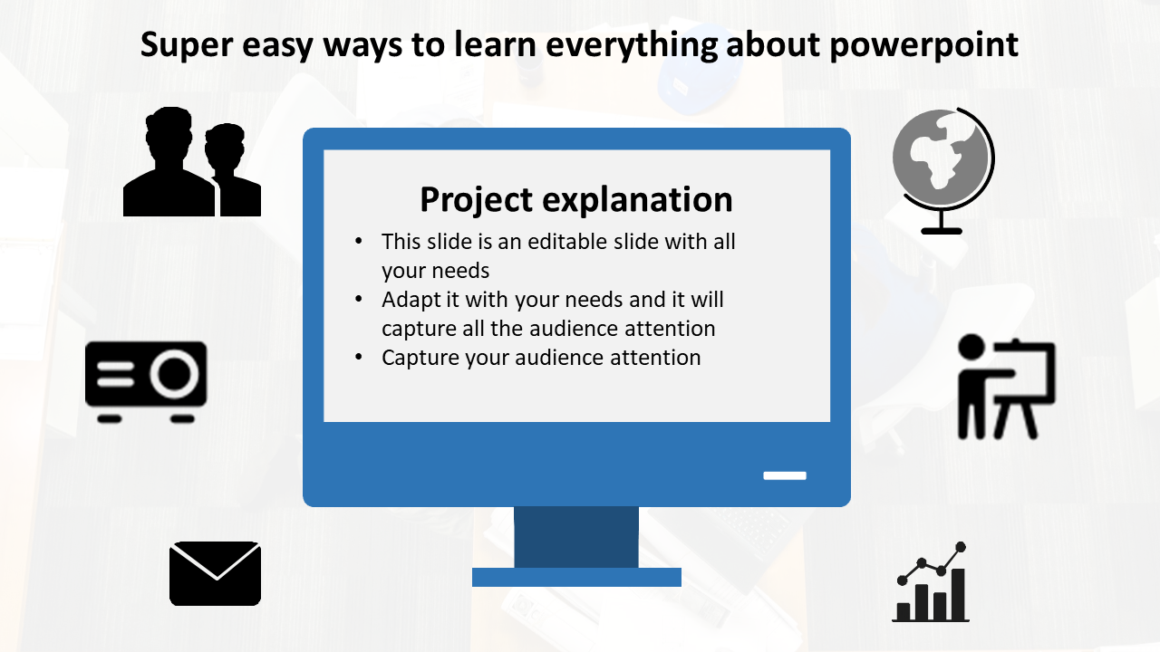 Project explanation slide displayed on a blue screen with six black icons for communication, analytics, and tools.
