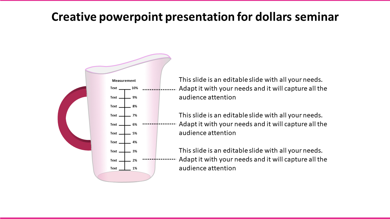 Measuring cup infographic with a pink handle, displaying percentages and corresponding three text labels on the right.