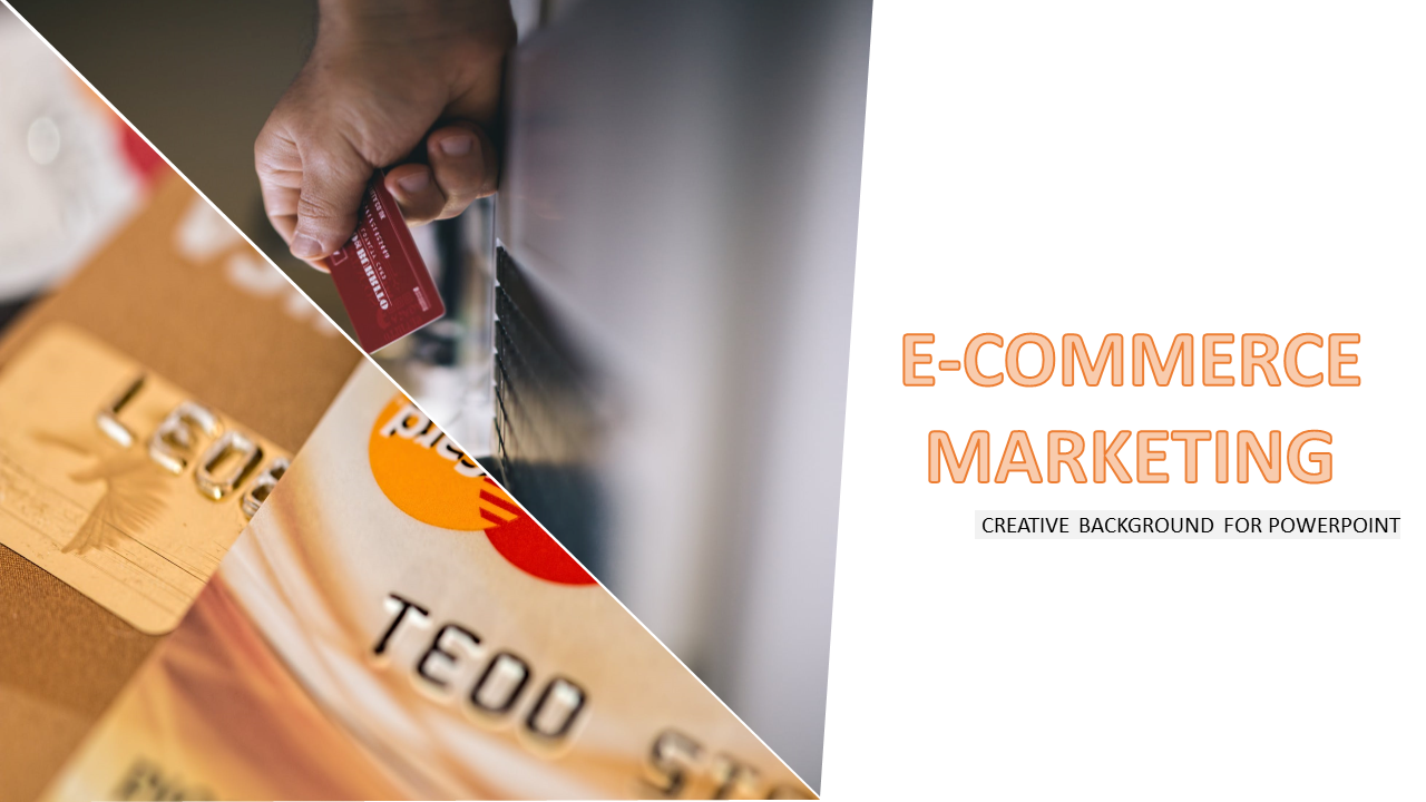E-commerce slide showing a split layout with credit cards and a hand holding a red card near a payment system.