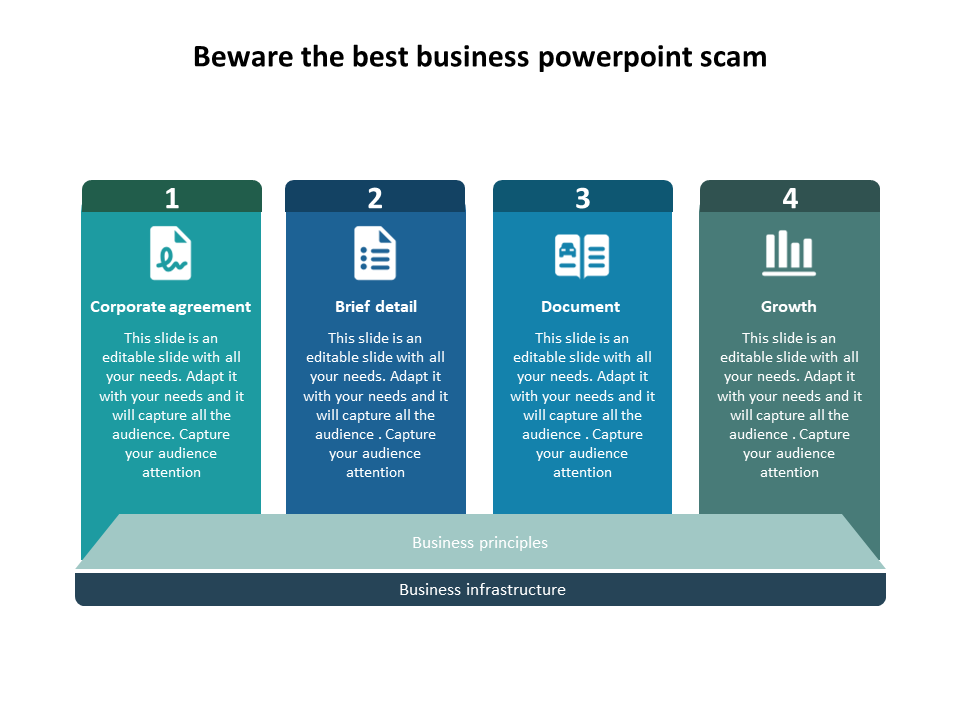 Business slide showing four sections Corporate Agreement, Brief Detail, Document, and Growth, with corresponding icons.
