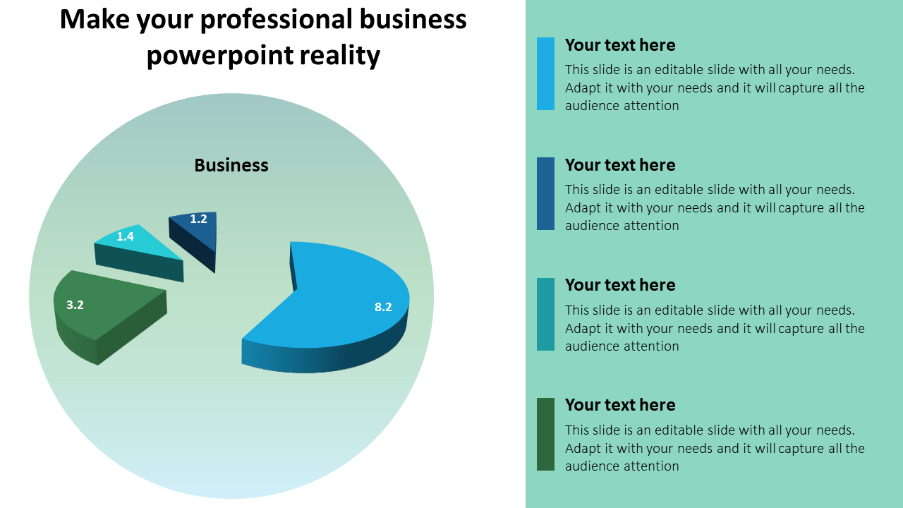 Business themed 3D pie chart with four color-coded segments and a list of customizable text placeholders on the right.