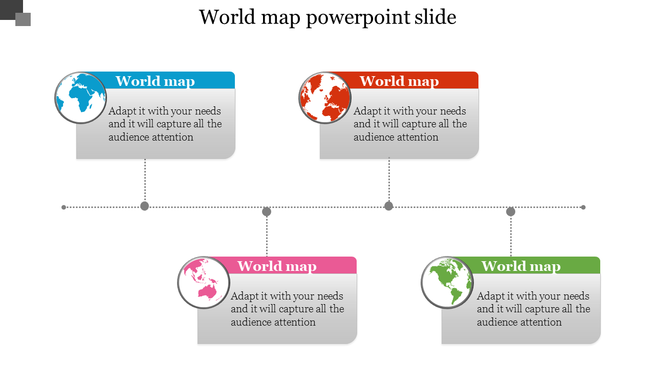 World map PowerPoint slide with four color coded map markers, each with a caption text box.