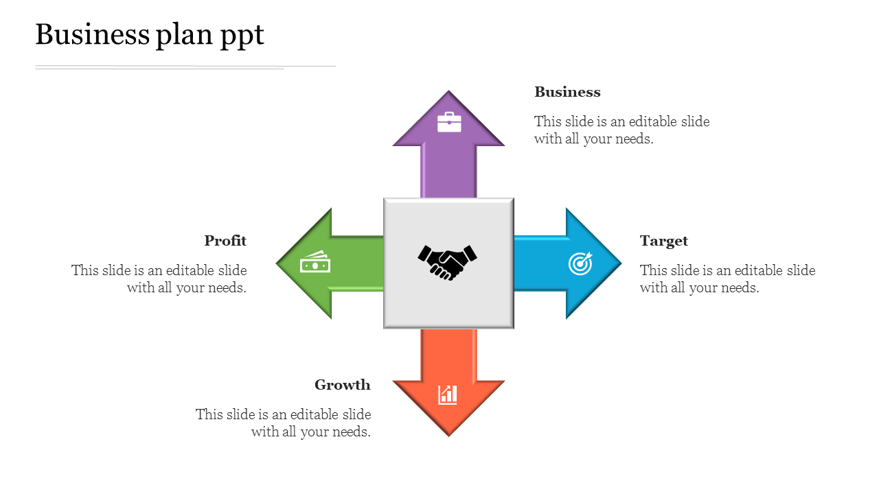 Business infographic with arrows in purple, green, blue, and orange, featuring a handshake and text for key areas.