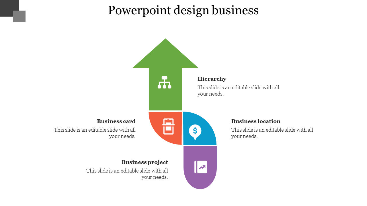 Arrow shaped diagram with green, orange, blue, and purple segments representing business concepts on a white background.