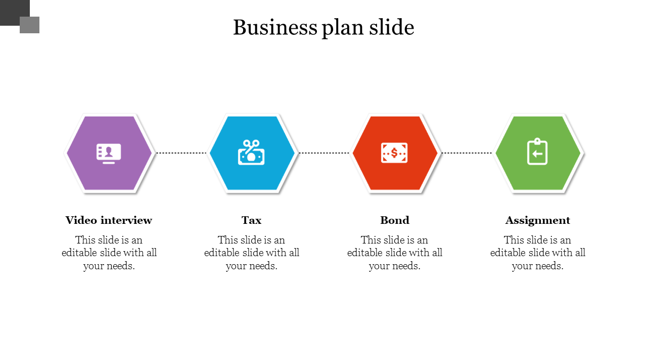 Business plan slide with four hexagons in purple, blue, red, and green, labeled with icons and text below.