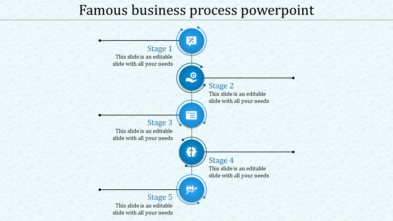 Blue themed infographic with icons inside circles representing five business stages connected vertically.