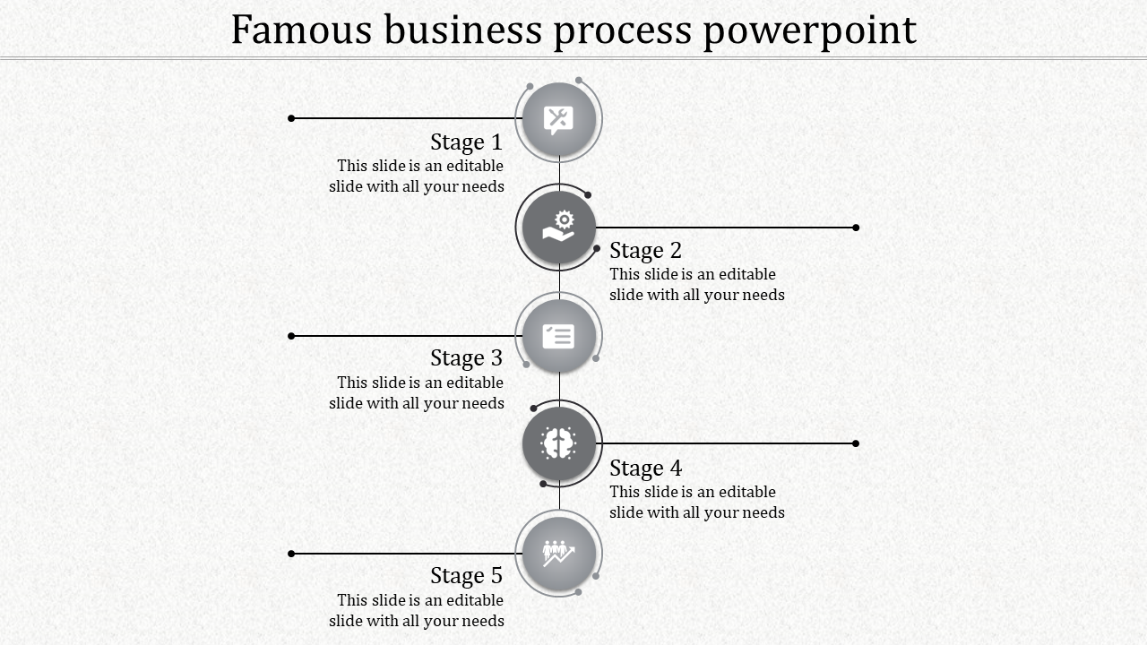 Five grey circles connected in a timeline with stage labels and captions areas placed in white background.