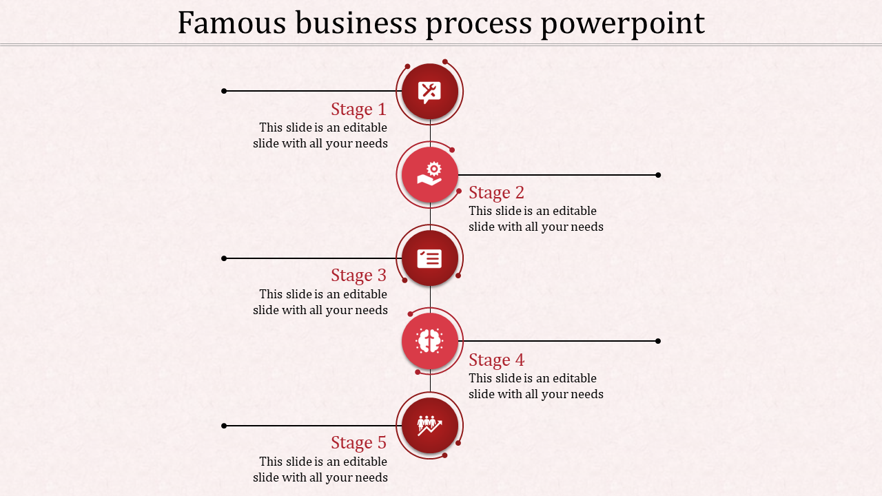 Vertical business process with five red stages, icons and caption areas placed in white background.