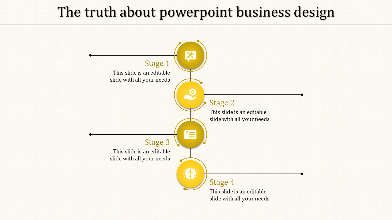 Vertical business process with four yellow stages and caption areas placed in white background.