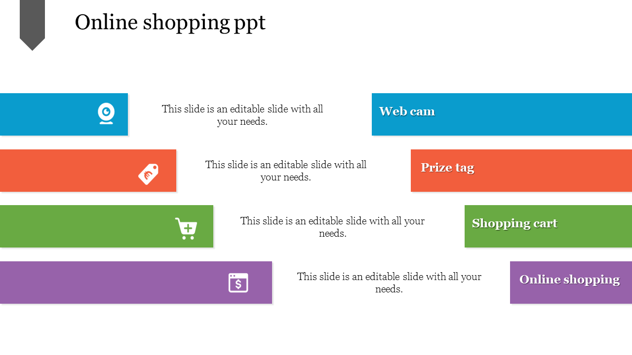 Online shopping slide with colorful horizontal banners labeled web cam, prize tag, shopping cart, and online shopping.