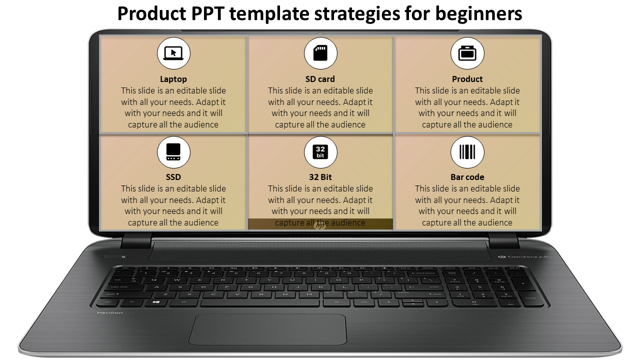 Laptop themed infographic with six biege sections displayed on the screen, each labeled with icons and product categories.