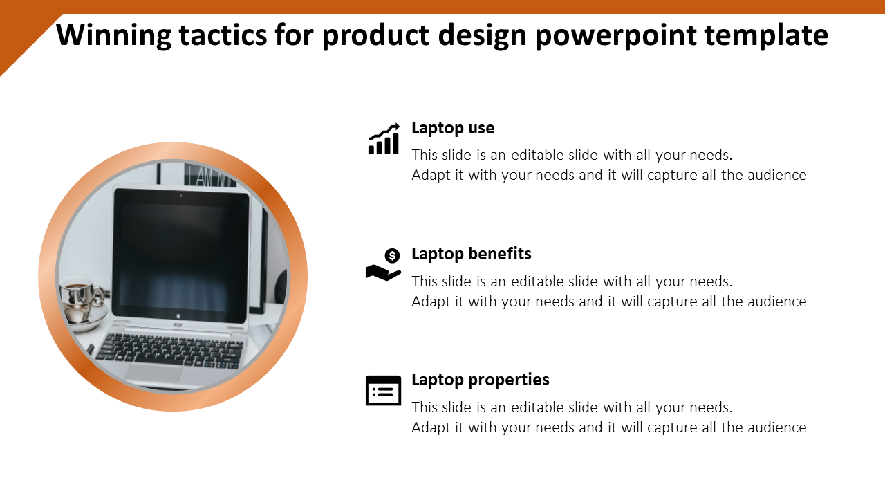 Product design PowerPoint slide with a laptop graphic and three sections with icons and placeholder text.