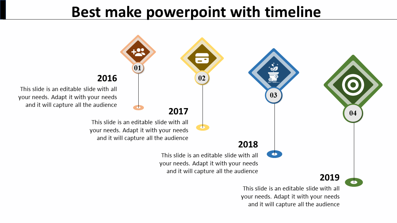Timeline infographic with four diamond shaped markers in orange, yellow, blue, and green, showing years 2016 to 2019.