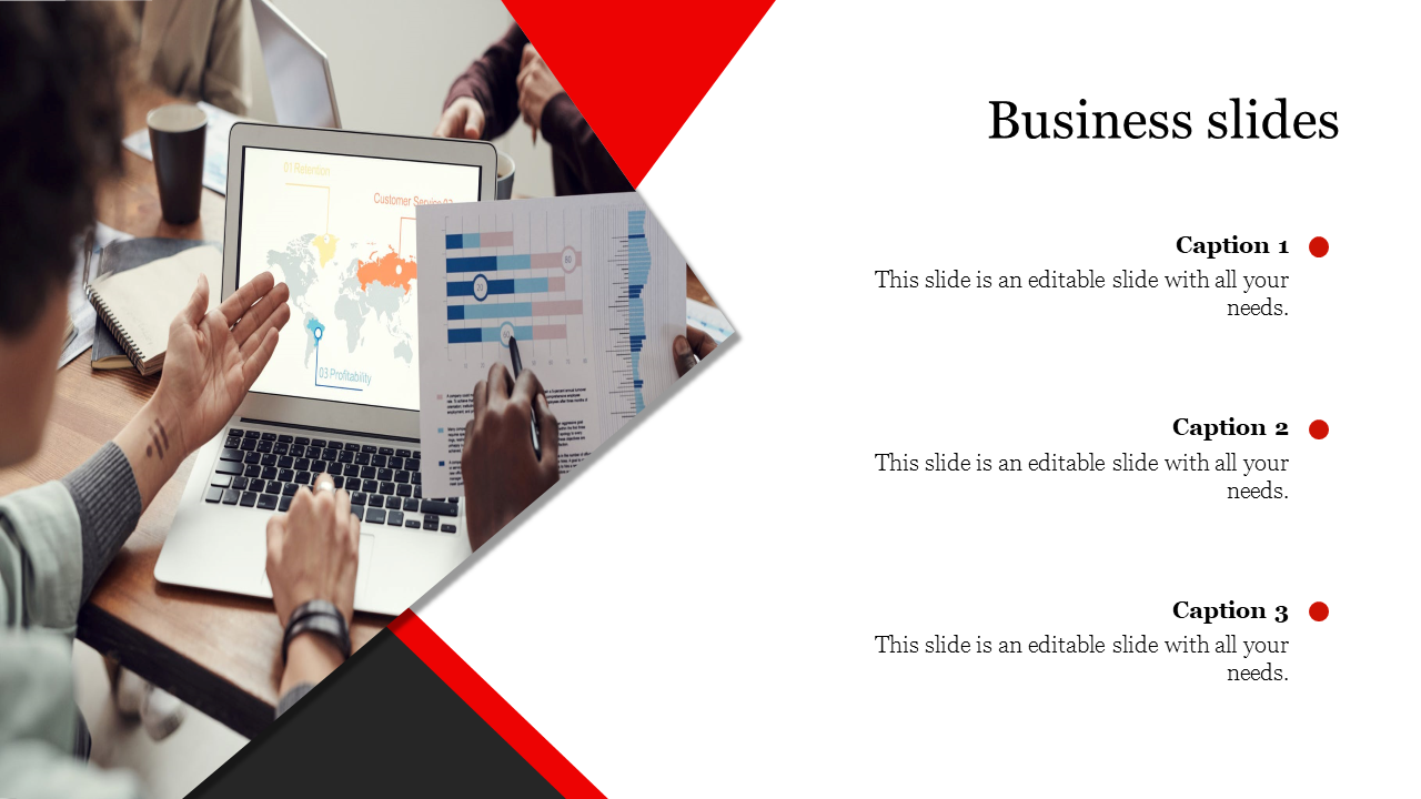 A business slide showing a person presenting data with a laptop and a printed chart, featuring captions.