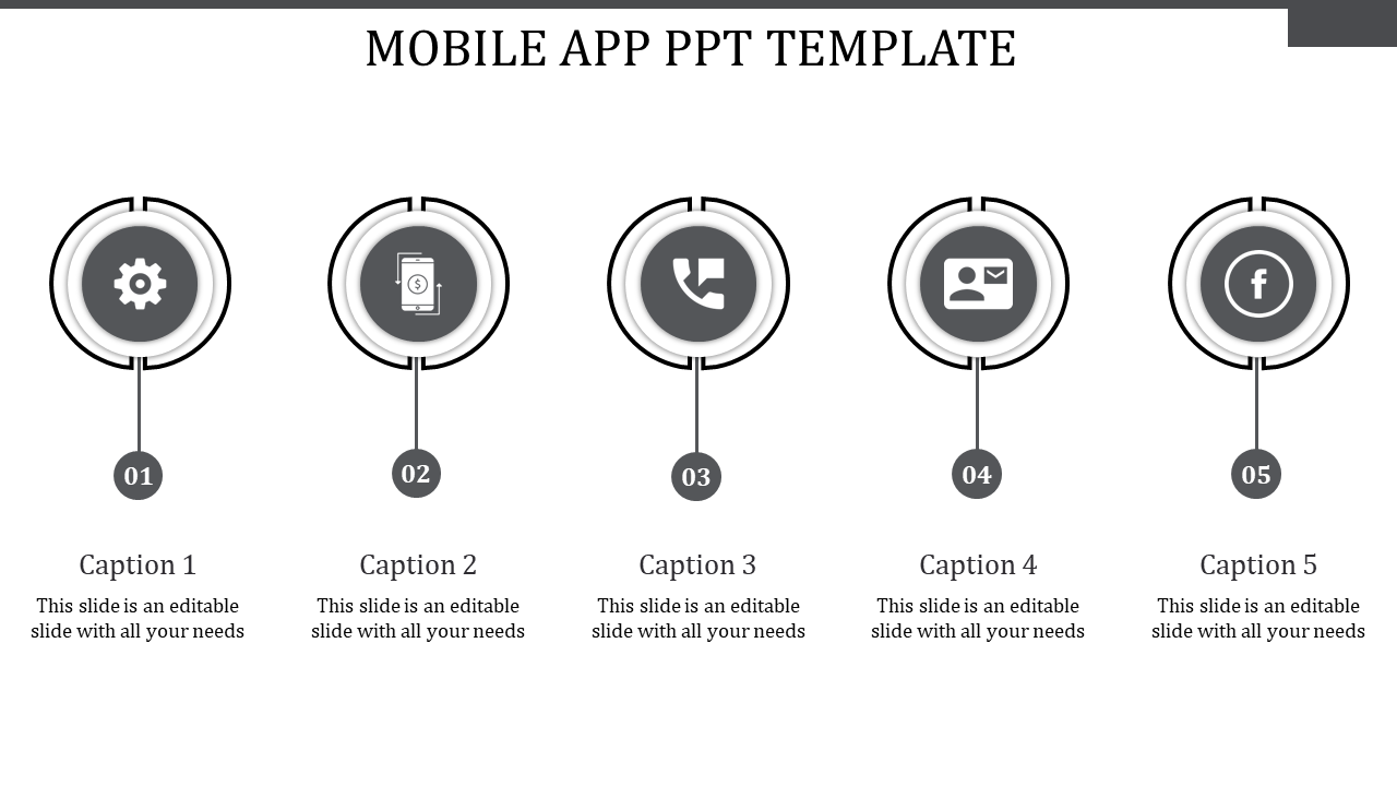 Mobile app PowerPoint template with five icons representing app functions in a circular design with captions.