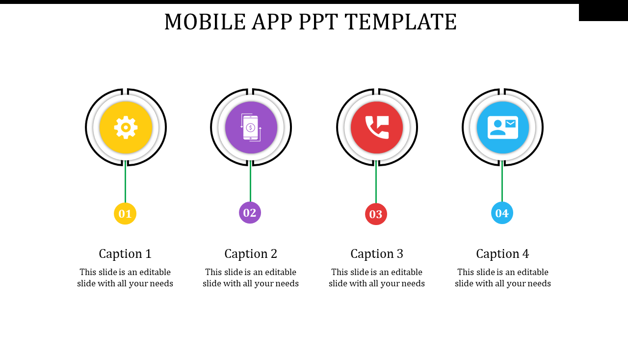 Mobile app PowerPoint template with four colorful circular icons gear, phone, call, and contact card with captions.
