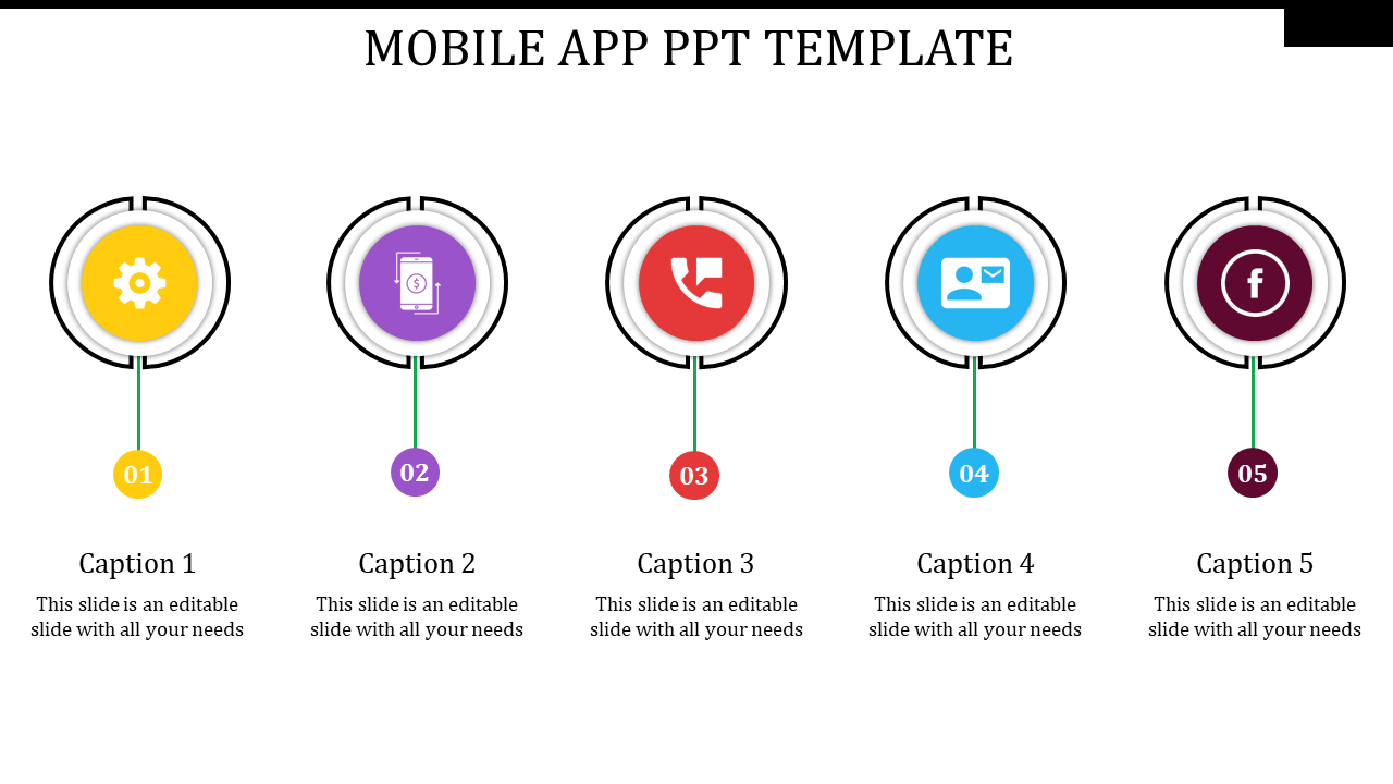 Colorful mobile app PowerPoint template with icons for settings, mobile payment, calls, profile, and social media.