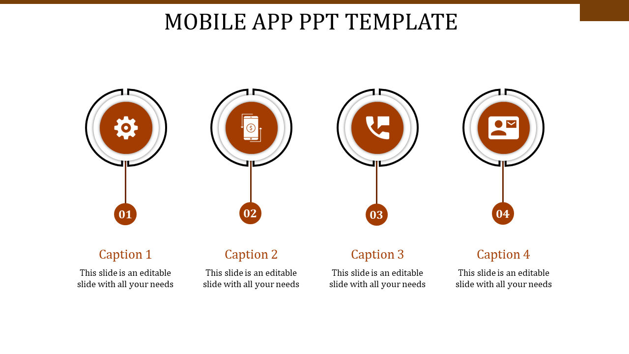 Mobile app slide with four orange circular icons, each representing a step number, connected to captions in a linear layout.