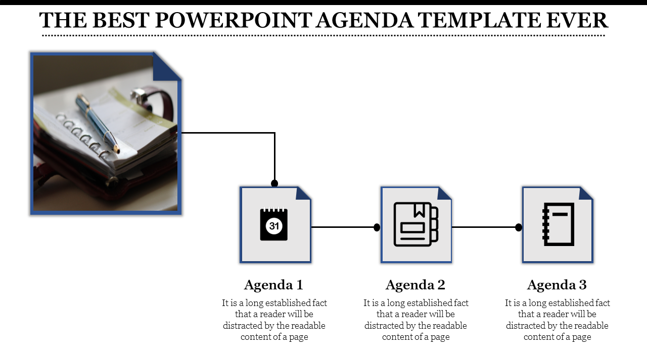 Agenda slide with three sections, featuring icons of a calendar, book, and notebook, connected by lines under a title banner.